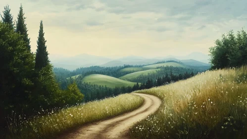 Tranquil Nature Scene with Pathway and Hills