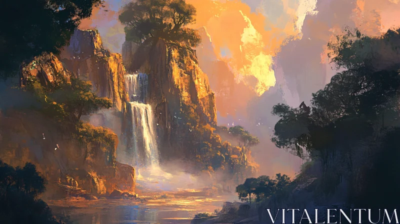 AI ART Majestic Waterfall Landscape at Dusk