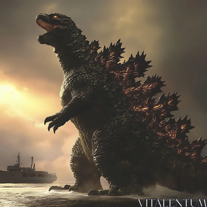 Majestic Godzilla Illuminated by Sunset AI Image