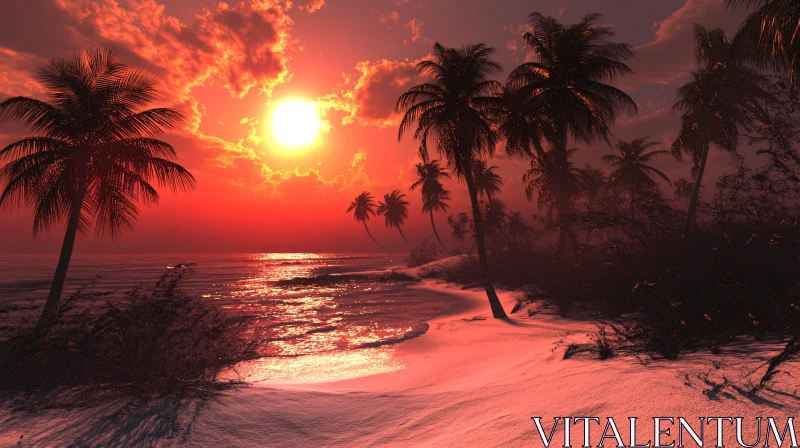 Tropical Sunset over Sandy Beach AI Image