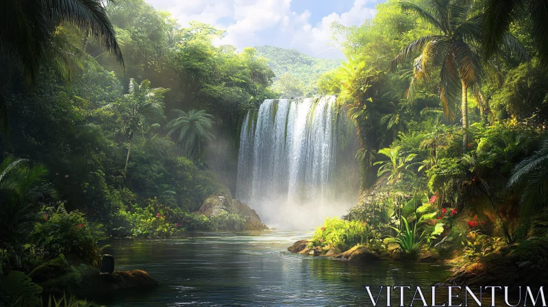 AI ART Scenic Waterfall Amidst a Vibrant Jungle