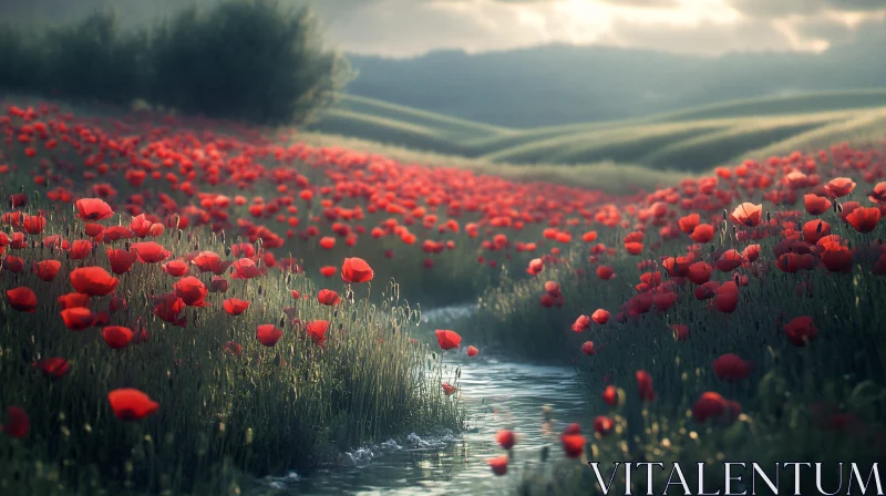 Picturesque Poppy Field by a Gentle Stream AI Image