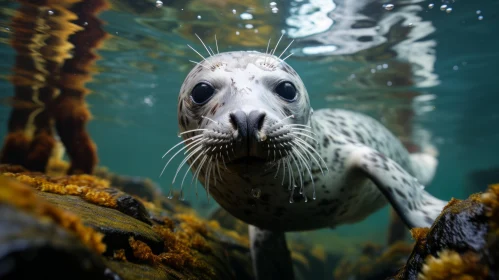 Charming Underwater Seal Portrait with Captivating Gaze