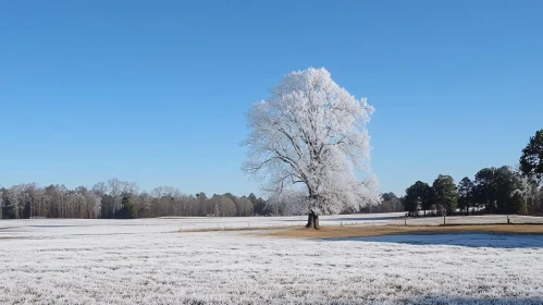 Winter Wonderland: Frost-Covered Tree and Field