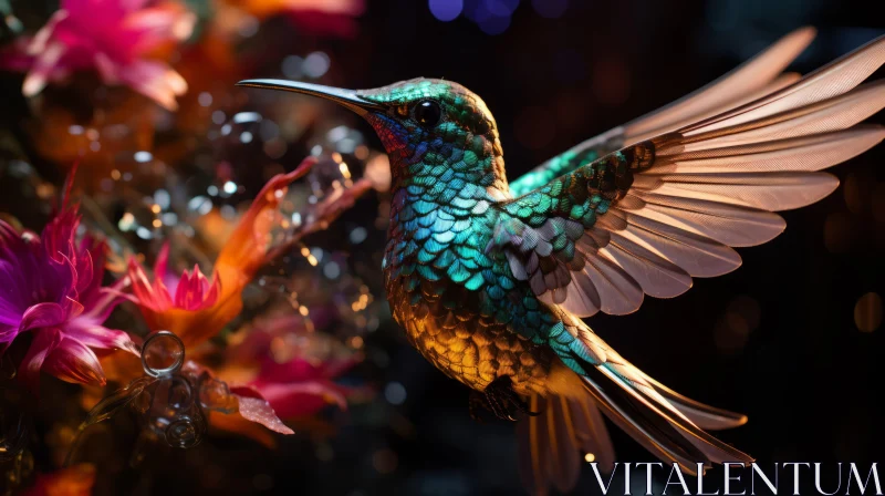 Emerald Hummingbird Amidst Surreal Floral Landscape AI Image