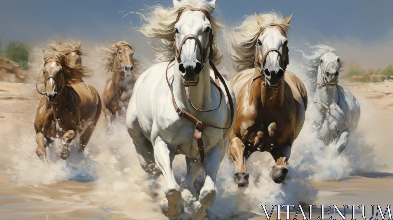 Panoramic Prairiecore Horse Painting in White and Beige AI Image