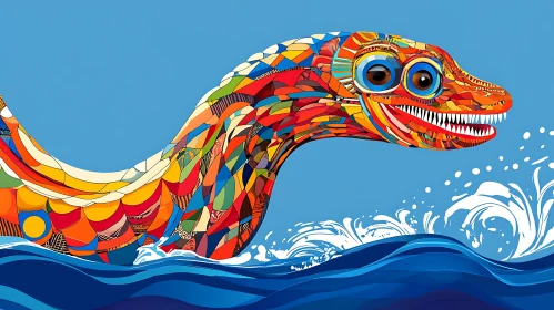 Vivid Geometric Sea Monster in Abstract Waves