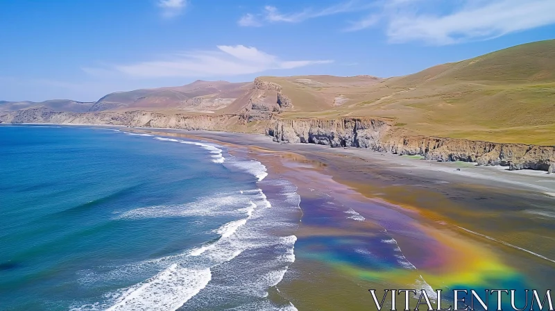 AI ART Coastal Aerial Scene with Rainbow on the Sand