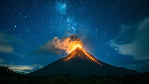 Eruption of a Volcano Under the Starry Night