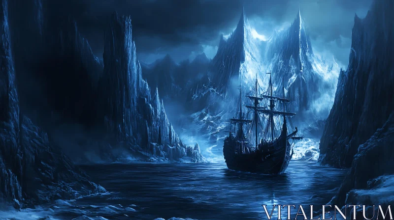 AI ART Gothic Ship in Frozen Blue Waterscape