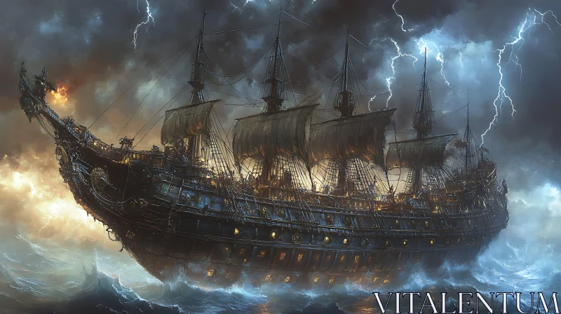 Historic Ship in Tempestuous Sea with Lightning AI Image