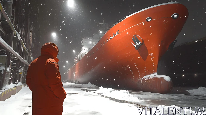 Winter Dock Scene with a Red Ship and Person AI Image