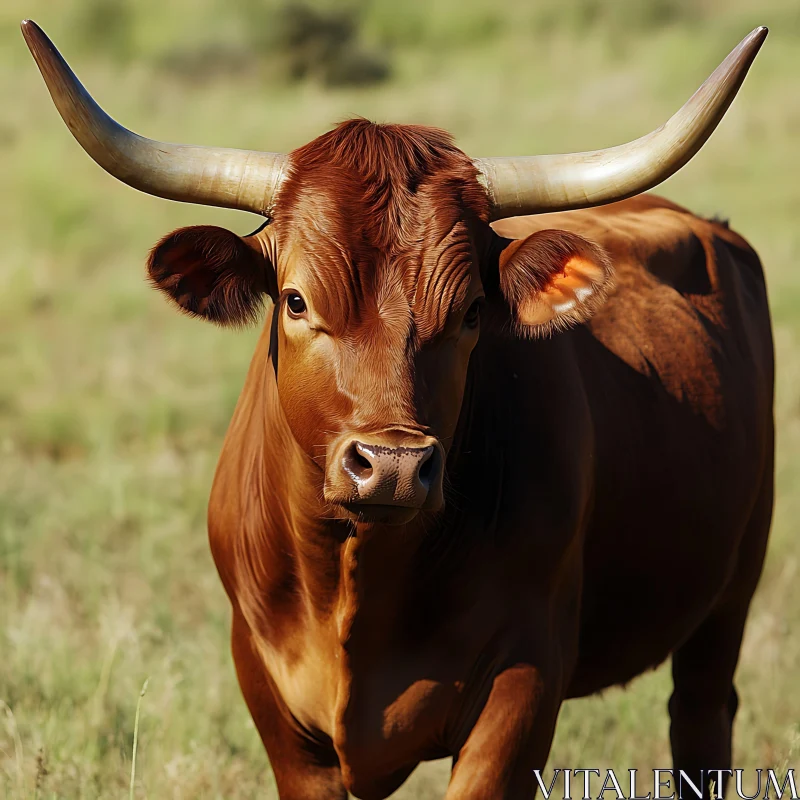 Brown Cow in Sunlit Green Pasture AI Image