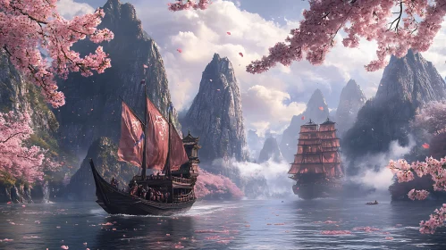 Tranquil Waters and Traditional Ships in a Blooming Mountain Setting