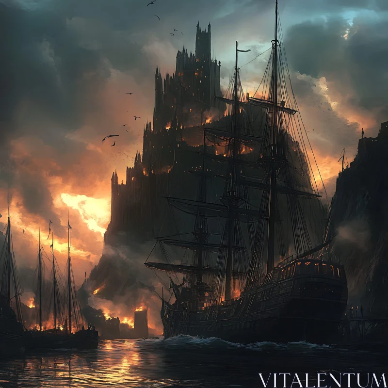 Ominous Flaming Castle and Enshrouded Ships AI Image