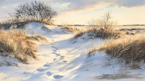 Footprints in the Snow at Sunset