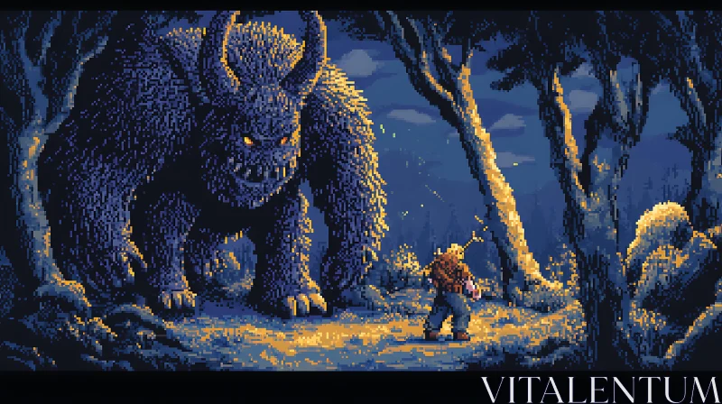 Horned Monster Meets Human in Nighttime Pixel Art Forest AI Image