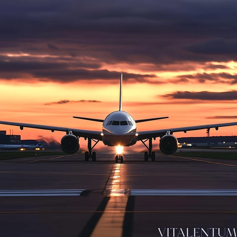 Aircraft Taxiing at Dusk with Vibrant Evening Sky AI Image