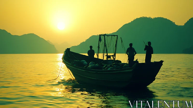 Tranquil Fishermen Silhouette at Dusk AI Image