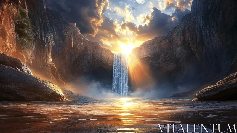 AI ART Golden Hour Waterfall Scene