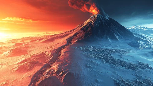 Erupting Volcano Amidst a Snow-Covered Terrain