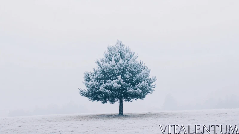 Winter Scene with Lone Frosted Tree AI Image