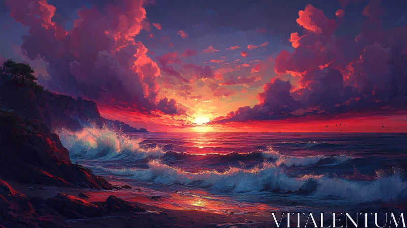 Seascape at Sunset with Vibrant Sky and Waves AI Image