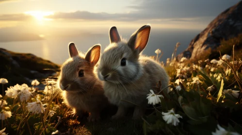 Intimate Close-Up of Two Rabbits on a Mountain Backdrop