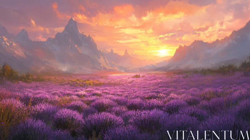 Lavender Meadow with Sunlit Mountains AI Image