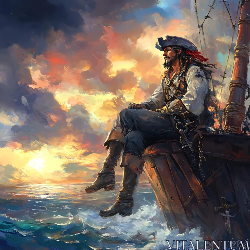 Serene Pirate and Spectacular Sunset on the Ocean AI Image