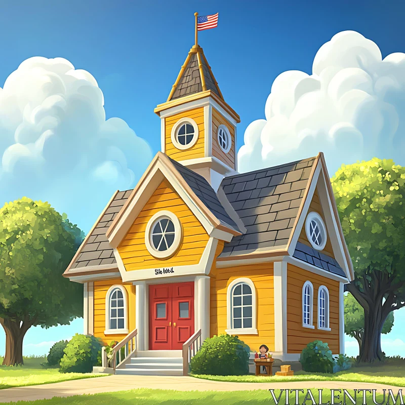 Village School Building with Flag and Windows AI Image