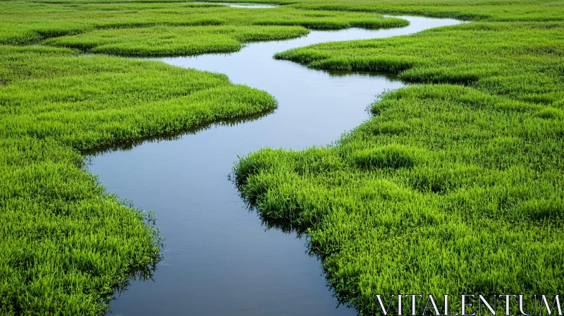 Tranquil Waterway Surrounded by Vibrant Green Grass AI Image