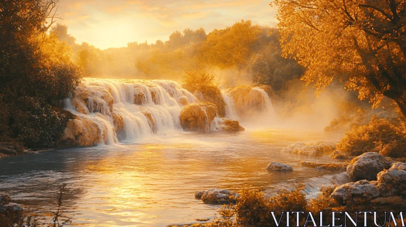 AI ART Sunset Waterfall in Nature's Golden Light