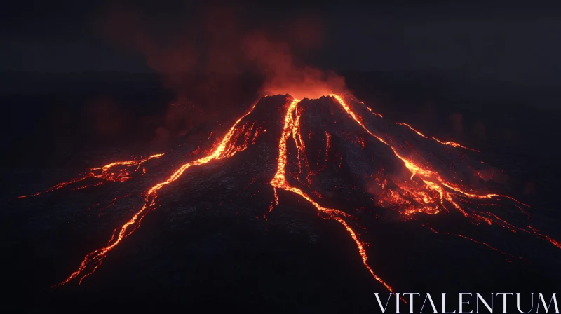 Erupting Volcano with Lava Streams at Night AI Image