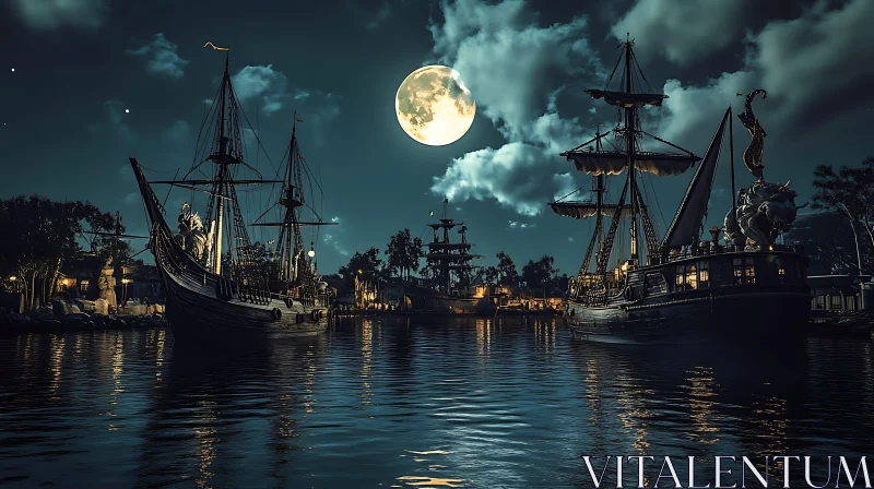 Moonlit Coastal Village with Anchored Ships AI Image