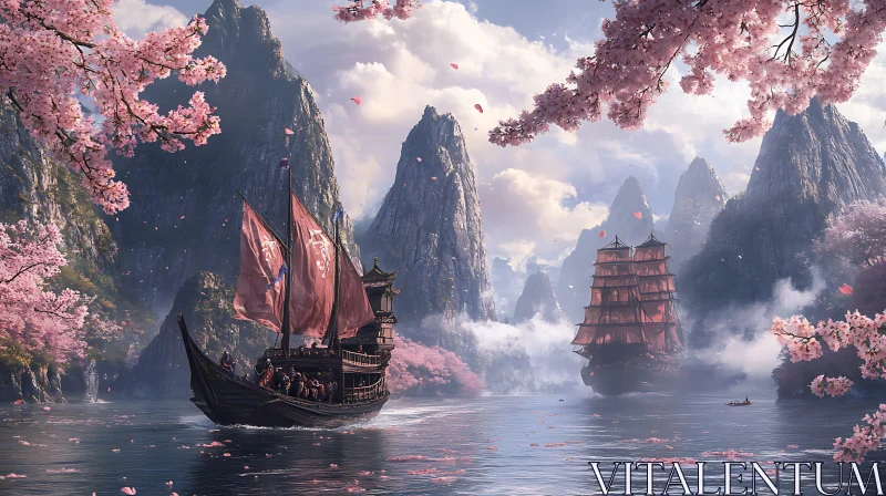 AI ART Tranquil Waters and Traditional Ships in a Blooming Mountain Setting