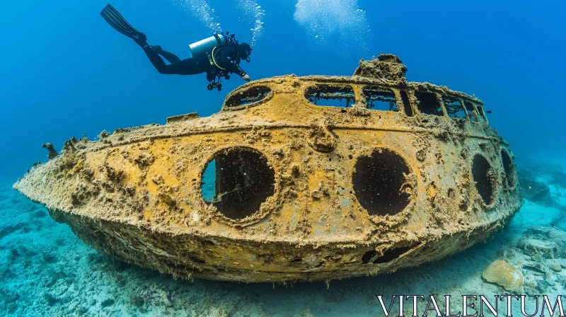 Diver Examines Submerged Shipwreck AI Image