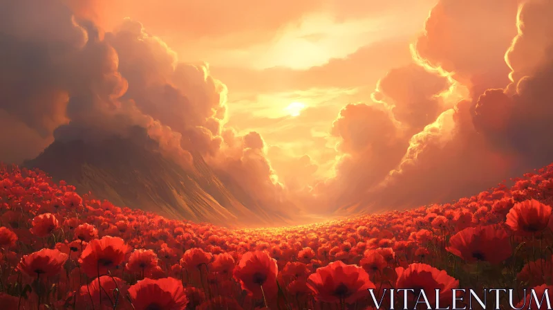 Sunset Glow on Poppy Field AI Image