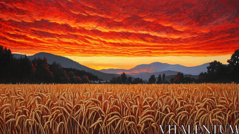 Golden Wheat Field under Fiery Sunset AI Image