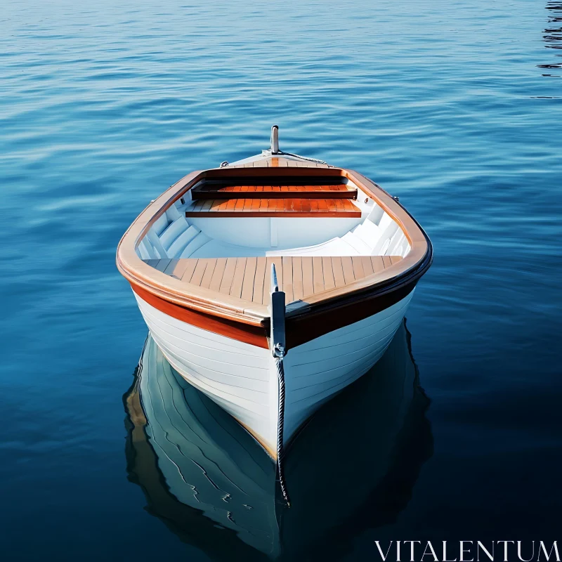 Tranquil Wooden Boat on Blue Water AI Image