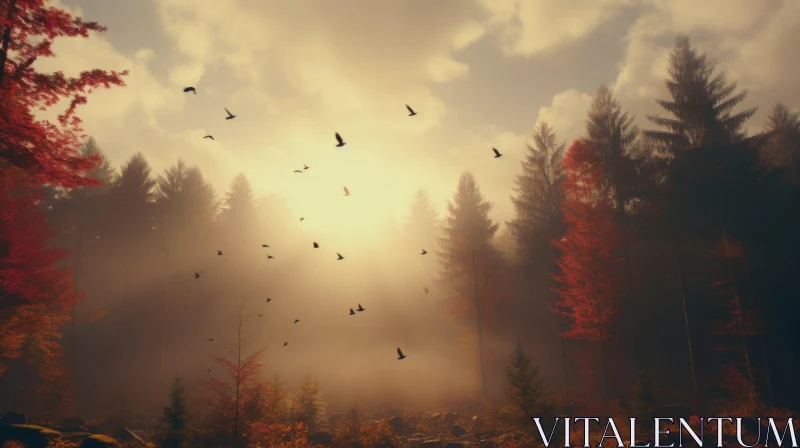 Atmospheric Autumn Forest with Birds - Nature Inspired Imagery AI Image