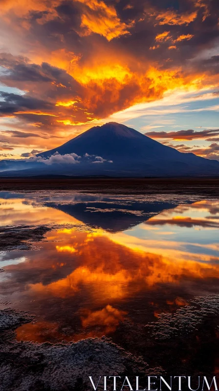 Fiery Sunset Over Serene Mountain Landscape AI Image