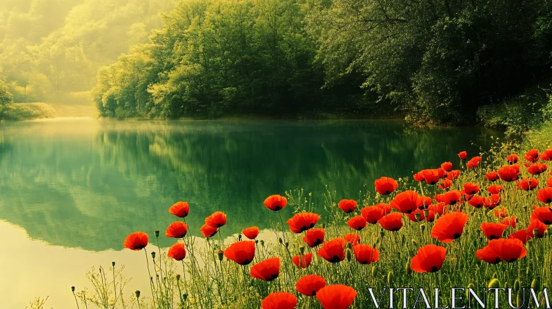 Serene Lake Surrounded by Greenery and Red Flowers AI Image