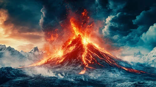 Fiery Volcano Eruption in Snowy Mountains