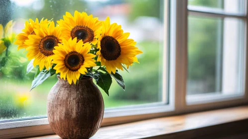 Sunflowers on Windowsill in Wooden Vase