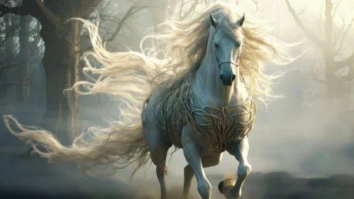 Ethereal White Horse Running through Forest - Intricate Artistic Representation