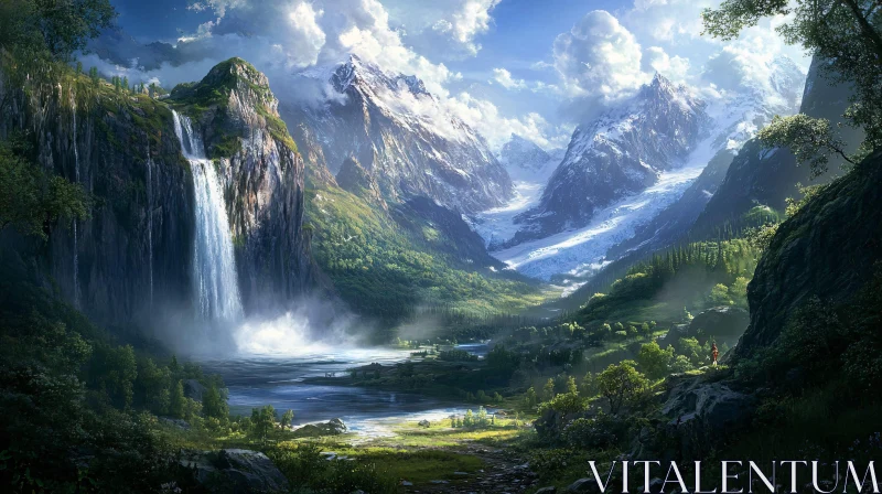 Serene Mountain Landscape with Waterfall and Snowy Peaks AI Image