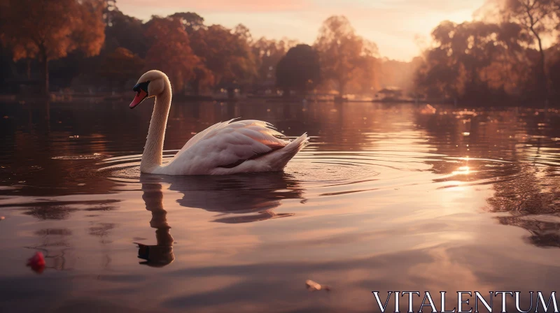 Graceful Swan in a Tranquil Pond at Sunset AI Image