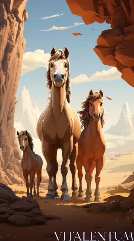 Illustrated Horses in Desert Cave - Cartoonish Artwork AI Image