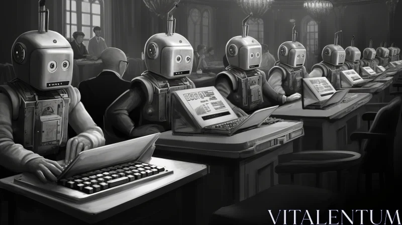 Victorian-Style Black and White Robot Office Scene AI Image